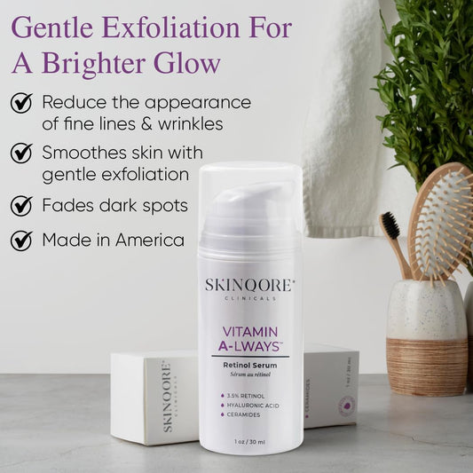 Retinol Serum with Hyaluronic Acid, Ceramides Vitamin A & Antioxidants | Anti Wrinkle Glass Skin Care | Dark Spot Remover for Face | Gently Exfoliates | Fragrence Free & Plant Based - 1 Oz