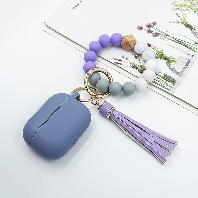 Compatible with Airpods Pro Soft Silicone Case Cover with Bracelet Keychain for Apple Airpod Pro 1st Generation Case for Women (Lavender Grey)