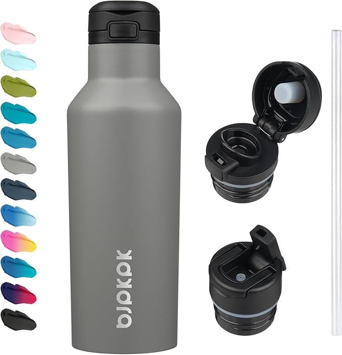 BJPKPK Insulated Water Bottle With Straw 17oz Stainless Steel Water Bottles With 2 Lids And Carry Handle Reusable Travel Metal Thermo,Grey