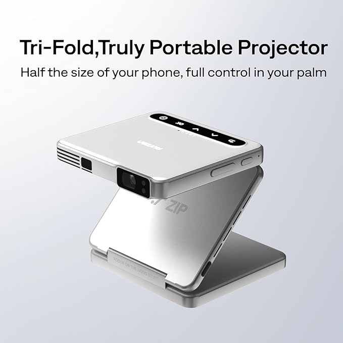 Aurzen ZIP Tri-Fold DLP Portable Mini Projector with Bluetooth 5.4, Screen Mirroring, 5000mAh Battery, Type-C Fast Charging, Zero-Lag Focus&Keystone,720P Pico Projector,Built-in Stand, 20"-125",White