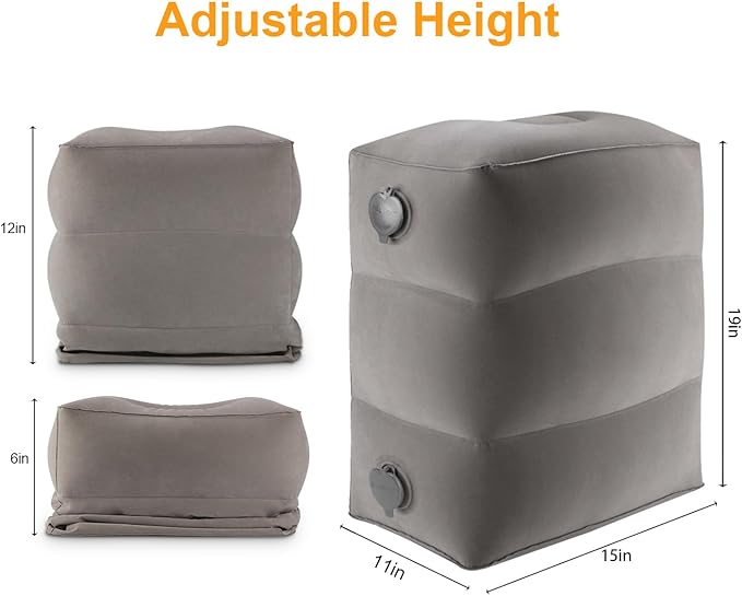 Inflatable Travel Foot Rest Pillow, Kids Airplane Bed, Adjustable Height Leg Pillow, Make a Flat Bed for Toddler, Fits for Airplane, car（Grey, 2 Pack）