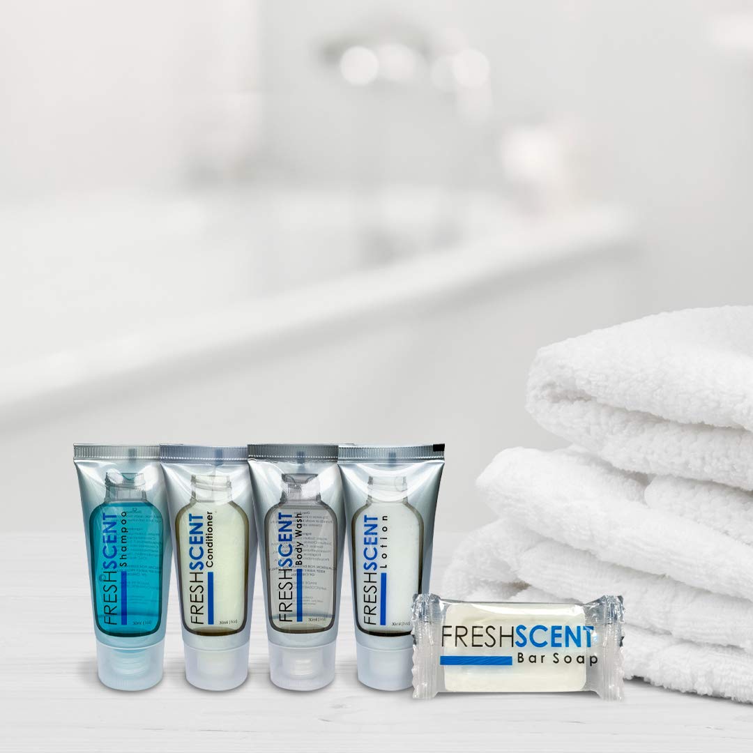 Freshscent Hotel Collection 250 Piece Set. Travel Size Amenities Bulk Toiletries Kit of 50 Each 1oz tubes Shampoo, Conditioner, Body Wash and Lotion. 50 Bars 1oz Soap