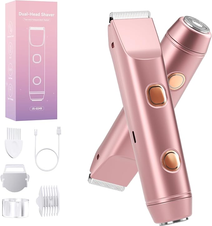 2 in 1 Bikini Trimmer for Women: Electric Razor & Shaver with Dual Heads for Body Pubic Hair - Rechargeable Lady Facial Trimmer for Underarm Leg Arm Body Face
