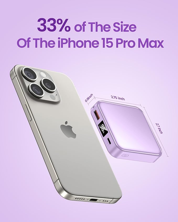 10000mAh Small Power Bank，Fast Charge Mini Portable Charger, USB C Input/Output with External Battery Pack, Smart LED Display，Suitable for iPhone, Samsung, iPad and Tablets.