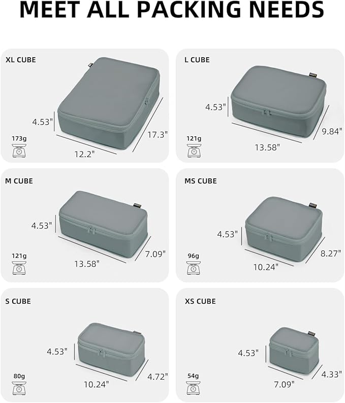 Compression Packing Bags, XL/L/M/S Travel Organizers (6 Set, Steel Blue)