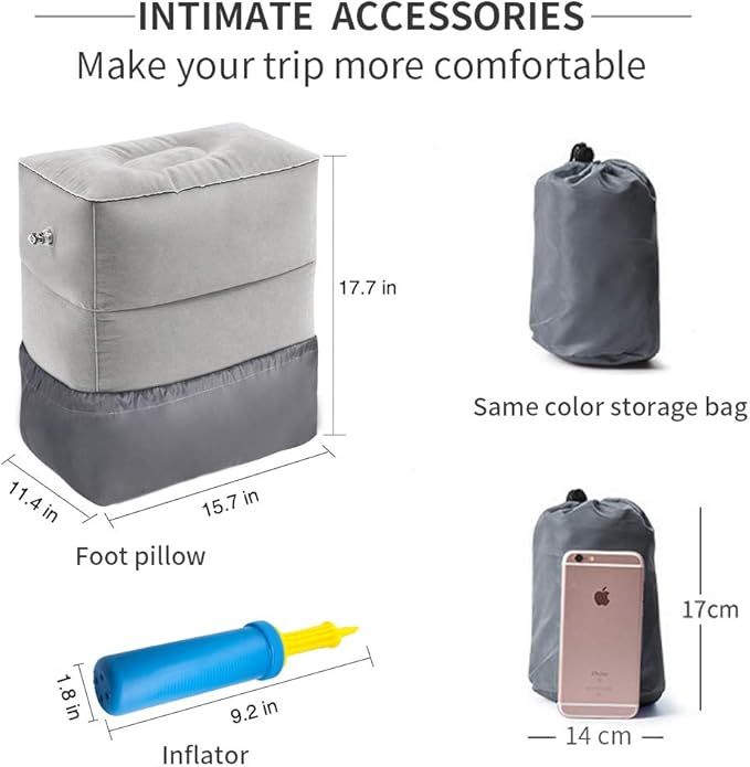ZIQIAN Inflatable Travel Foot Rest Pillow Portable Adjustable Three Layers Height Foot Stool for Airplanes, Cars, Home, Trains, Office to Lay Down or Sleep on Long Flights with Pump (Gray 2PACK)