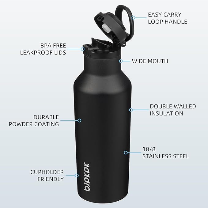 BJPKPK Insulated Water Bottle With Straw 17oz Stainless Steel Water Bottles With 2 Lids And Carry Handle Reusable Travel Metal Thermo,Black