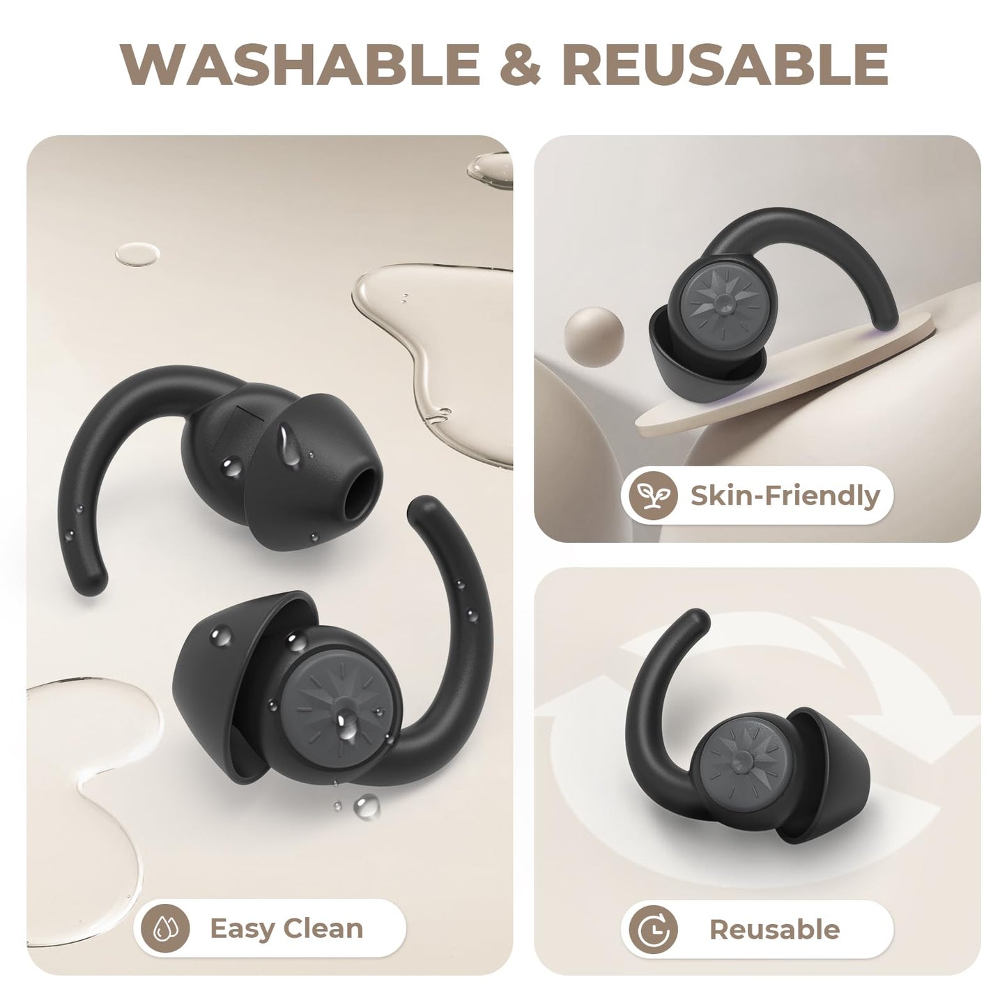 Ear Plugs for Sleeping: Reusable Earplugs for Sleep, Snoring Blocking, Concert, Travel, Airplane, 2 Pairs Washable Soft Silicone Noise Cancelling Ear Plugs (Black)