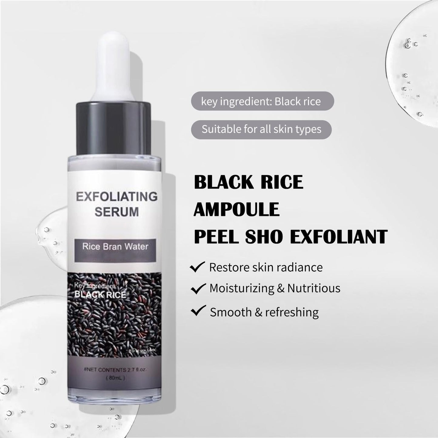 Rice Peeling Ampoule, Black and White Rice Serum Ampoule Duo for Face Exfoliant Dead Skin Remover, Day & Night Face Scrub, Gentle Peel + Pore Minimizing & Deep Hydration (Black Rice, 2.7floz)