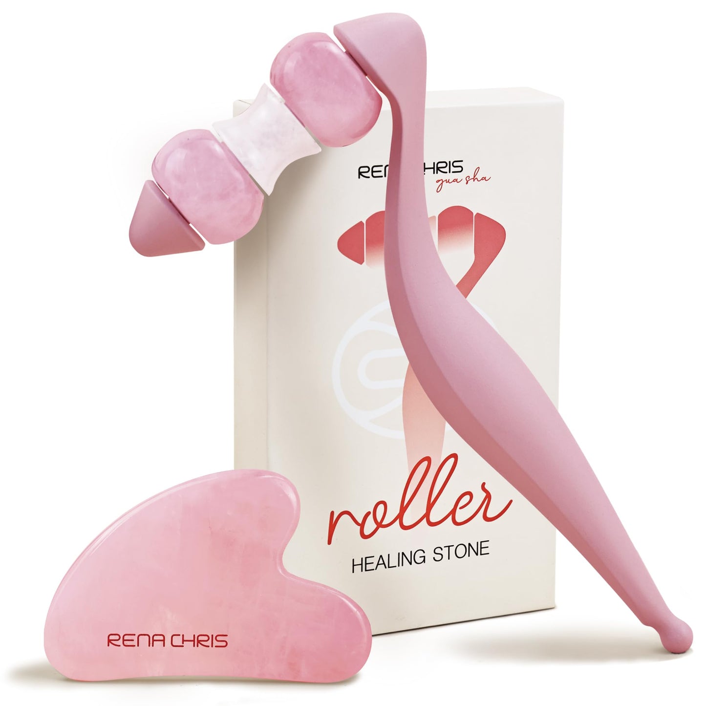 Rena Chris Facial Roller and Gua Sha Set - Jade Gua Sha Facial Tools & Face Roller with Aluminum Alloy Handle and 316 Stainless Steel Shaft for Puffiness Reducing,Skin Care Gift for Women