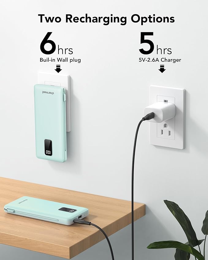 charmast Portable Charger with Built-in Cables and Plug, 10000mAh USB C Power Bank Fast Charging, External Battery Pack Slim, Travel Essentials Compatible with iPhones, Samsung Galaxy, iPad