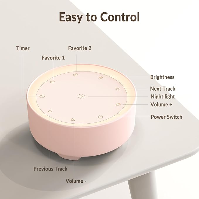 Kipcush Sound Machine & Night Light for Adults, Baby, Kids. White Noise Machine with 20 Soothing Sleep Sounds. Small Size & Portable Design for Bedroom, Office, Travel. Favorites Buttons, Timer（Pink）
