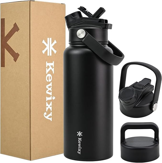 32 oz Insulated Water Bottle, 2-in-1 Lid, Straw & Spout with Protected, Leak Proof, Keep Cold, Stainless Steel, Metal, Reusable, Handle, for Outdoor, Gym and School, 2 Lids, Midnight Black