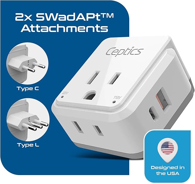 Ceptics Chile, Rome, Italy Travel Plug Adapter Set, Chile plug adapter USB-USB-C 20W PD-QC 18W, 2 Outlet, US to Italy plug adapter for Lybia, Uruguay Includes Type C, L SWadAPt Attachments - PAK-IT