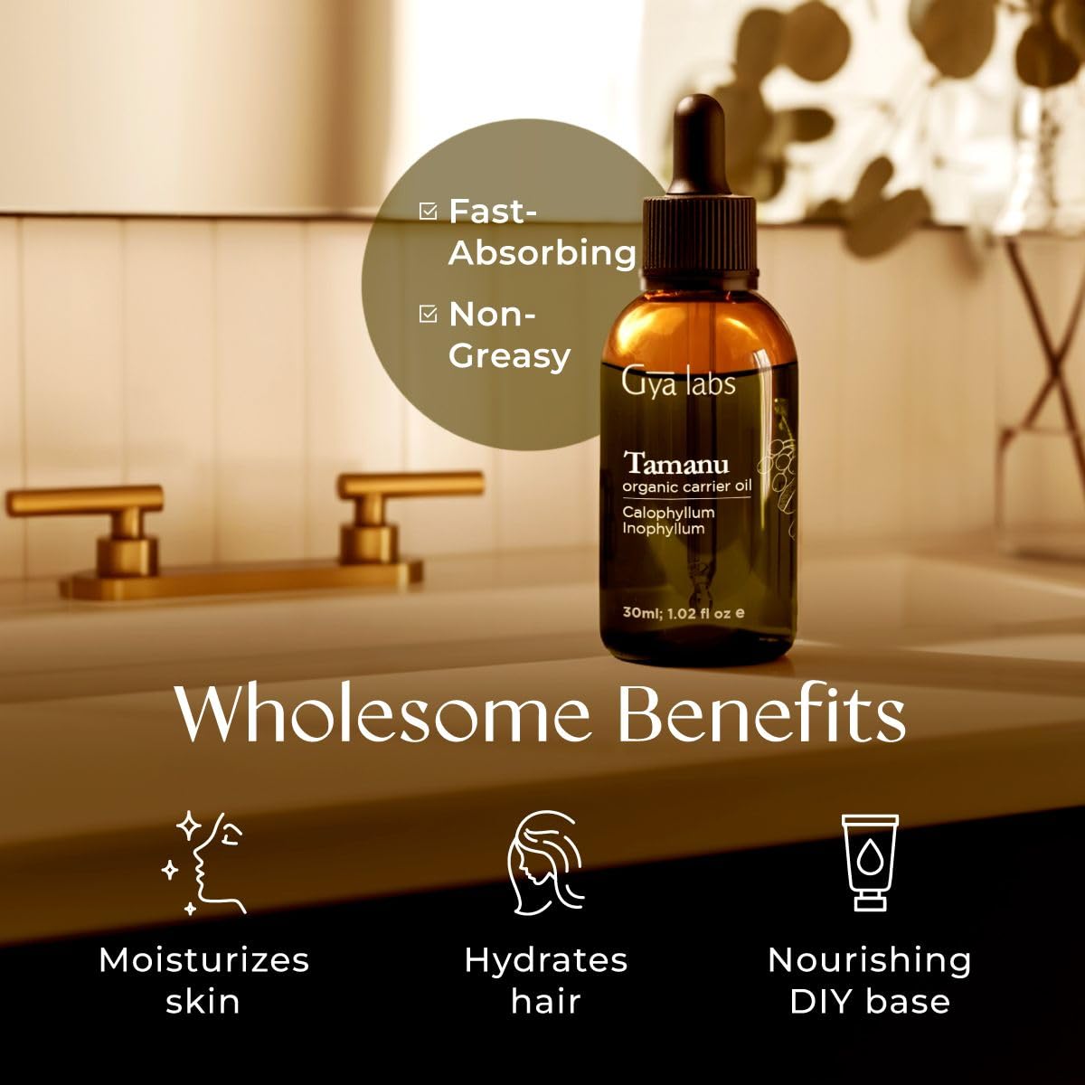 Gya Labs Organic Tamanu Oil For Skin & Face - 100% Pure Natural Unrefined Tamanu Carrier Oil for Hair - Soothing & Renewing (1 Fl Oz)