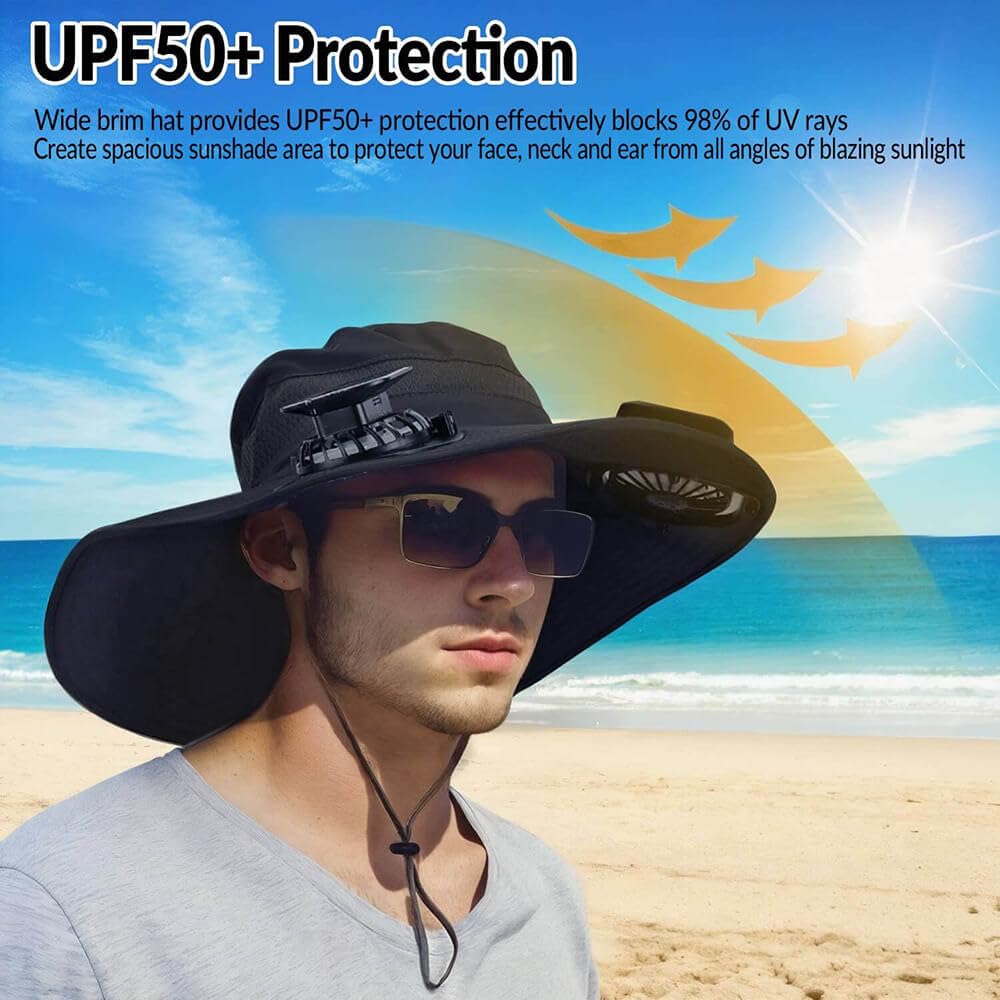 Solar Powered Fan Hat for Men Women Wide Brim Hat with 2 Fans UPF 50+ Outdoor Fishing Beach Sun Hat Black
