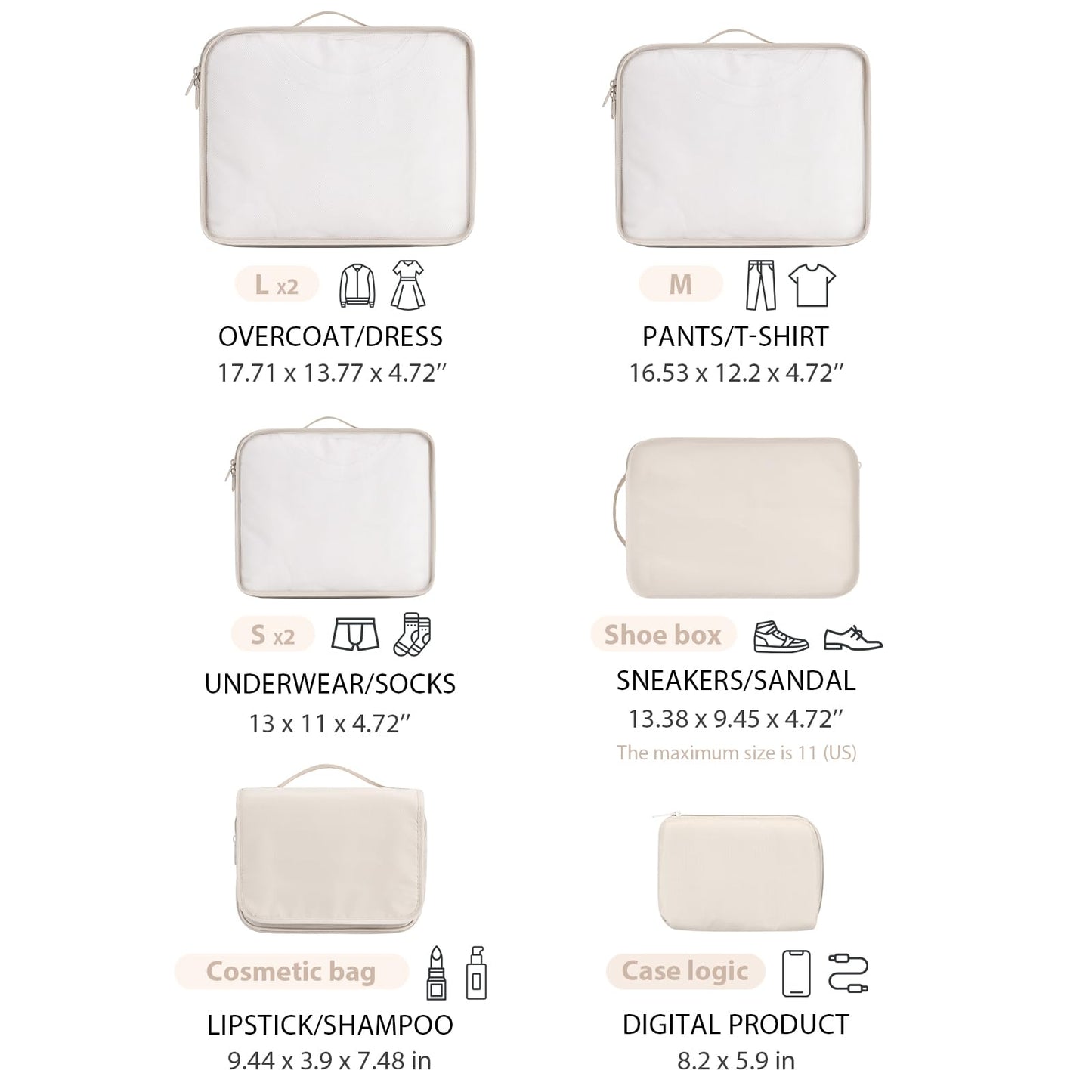 DIMJ Packing Cubes for Travel - Organizer Bags Set for Carry on Suitcase Lightweight Travel Cubes for luggage with Large Toiletries Bag (Cream)