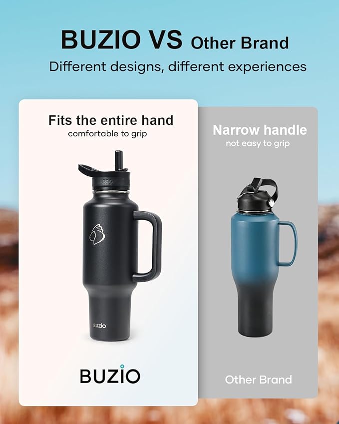 BUZIO Insulated Water Bottle with Handle & Flip Straw, 40oz Metal Travel Tumbler Fits in Cup Holders, Dishwasher Safe Leakproof Reusable Sport Mug, Gift for Women & Men, Keep Cold for 48hrs, Black