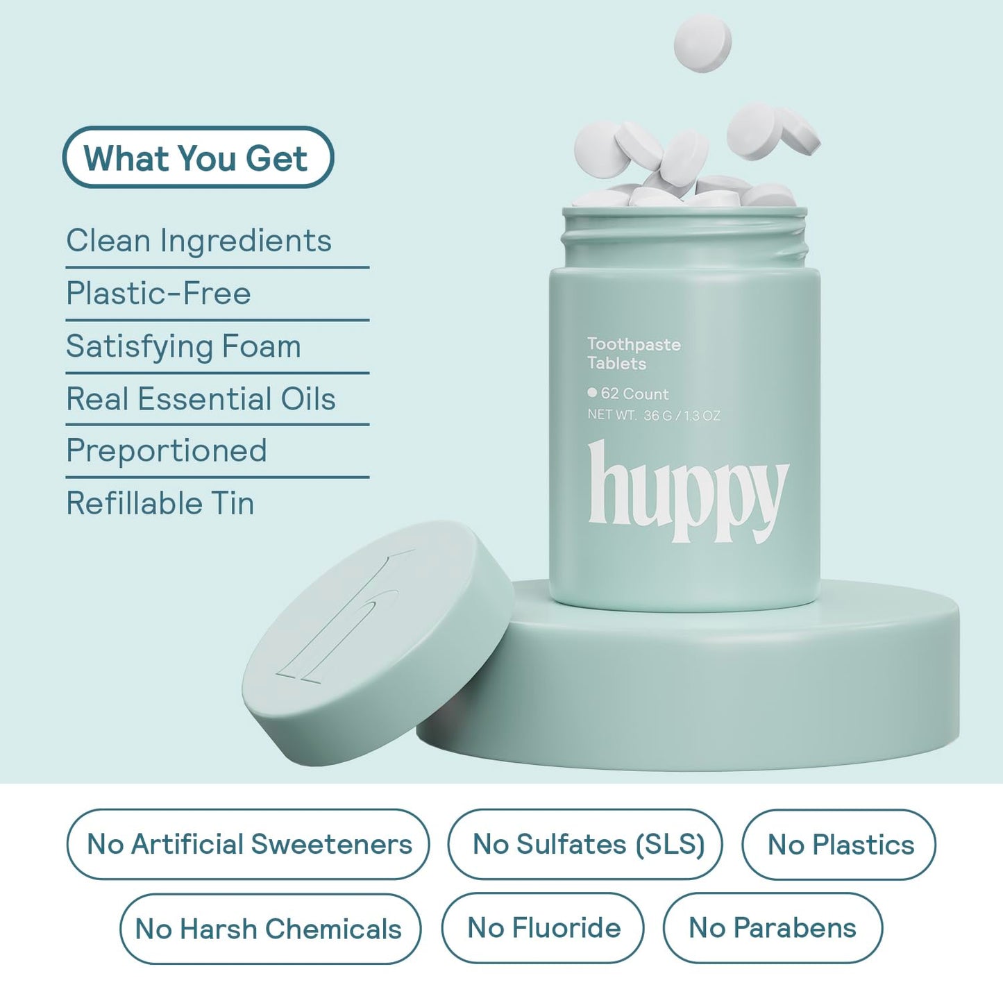 HUPPY Toothpaste Tablets, Nano Hydroxyapatite Toothpaste - Natural Whitening, Fluoride Free and Remineralizing Tablets - Travel Hydroxyapatite Tabs, 62 Count