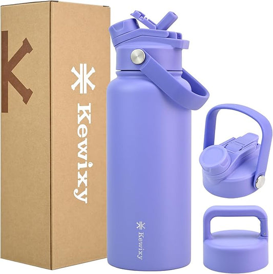 32 oz Insulated Water Bottle, 2-in-1 Lid, Straw & Spout with Protected, Leak Proof, Keep Cold, Stainless Steel, Metal, Reusable, Handle, for Outdoor, Gym and School, 2 Lids, Aurora Blue