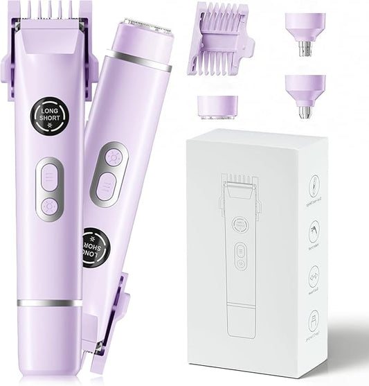 Bikini Trimmer for Women, 4 in 1 Wet/Dry Electric Razors for Women - Dual Head, Painless Rechargeable Portable Womens Razors for Shaving Set for Face, Nose, Eyebrows, Armpits, Bikini Area (Purple)