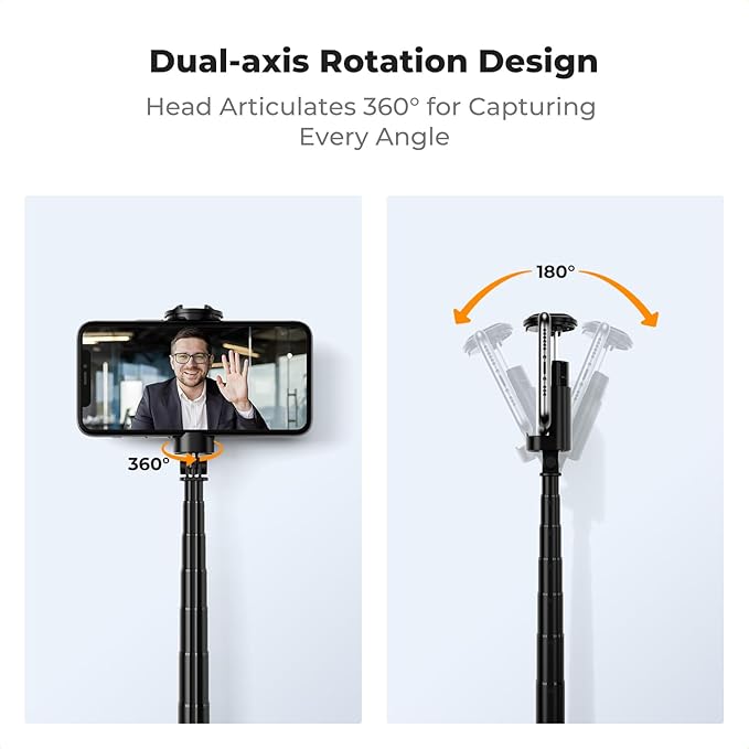 K&F Concept Selfie Stick for iPhone, Auto Open & Close Phone Tripod Stand, 360° Rotatable Selfie Stick with 9 Button Bluetooth Remote, Extendable Automatic Tripod for Cell Phone(Black)