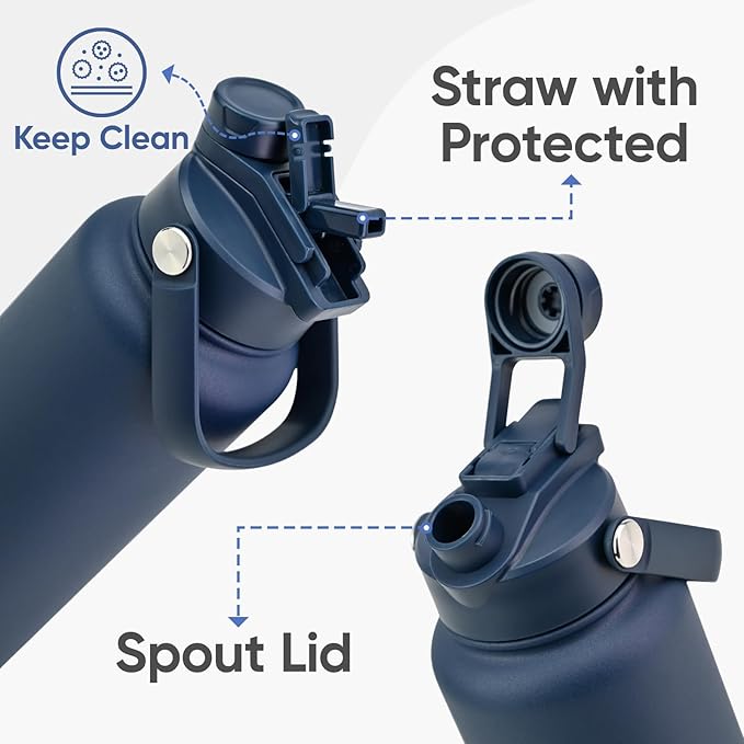 32 oz Insulated Water Bottle, 2-in-1 Lid, Straw & Spout with Protected, Leak Proof, Keep Cold, Stainless Steel, Metal, Reusable, Handle, for Outdoor, Gym and School, 2 Lids, Denim Blue