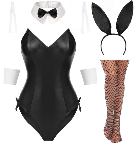 Avidlove Sexy Lingerie for Women Bunny Costume lingerie set Halloween One Piece Bodysuit Stockings Set Black Small