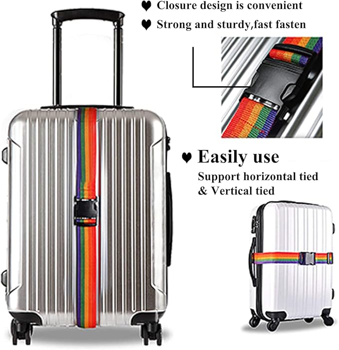 2 Pack Suitcase Belts, Adjustable Luggage Straps, Bright Colors Travel Packing Straps with Quick Release Buckle (Rainbow)