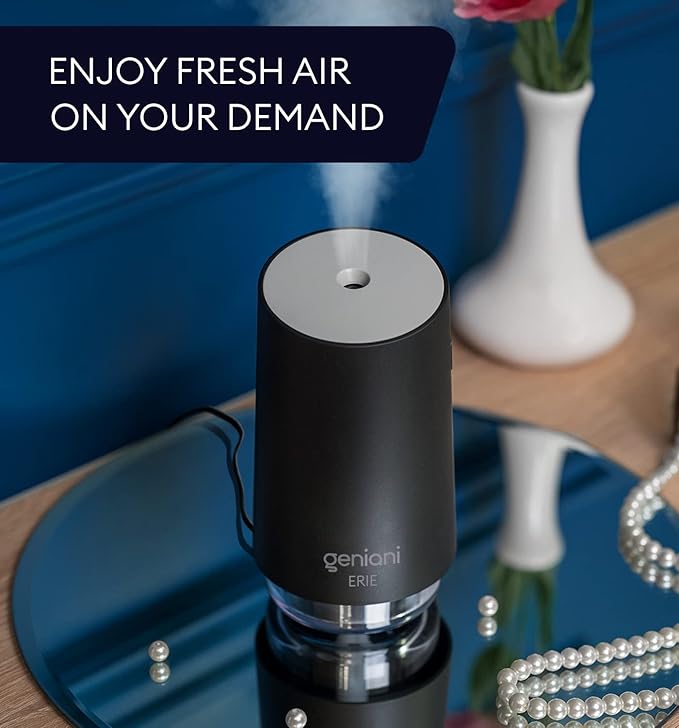 GENIANI Portable Small Cool Mist Humidifier – USB Powered (Not Rechargeable), Compact Desktop Humidifier for Plants, Office, Baby Room – Auto Shut Off & Night Light – Black, 0.25L