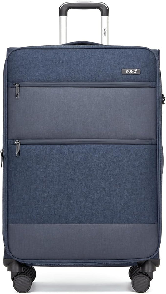 Kono 28 Inch Softside Expandable Checked Luggage with 8 Spinner Wheels TSA Lock Softshell Lightweight Business Travel Suitcase for Men and Women, Navy Blue