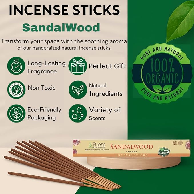 Bless-Sandalwood 100%-Natural-Handmade-Hand-Dipped-Incense-Sticks Organic-Chemicals-Charcoal-Free Purification-Relaxation-Positivity-Yoga-Meditation Best-Woods-Scent (25 Sticks (1.4 OZ))