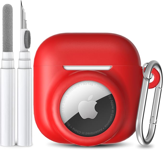 2 in 1 Silicone Case Compatible with AirPod 4 and AirTag, Shockproof Protective Skin Cover for AirPods 4th Generation with Cleaner Kit & Carabiner (Red)