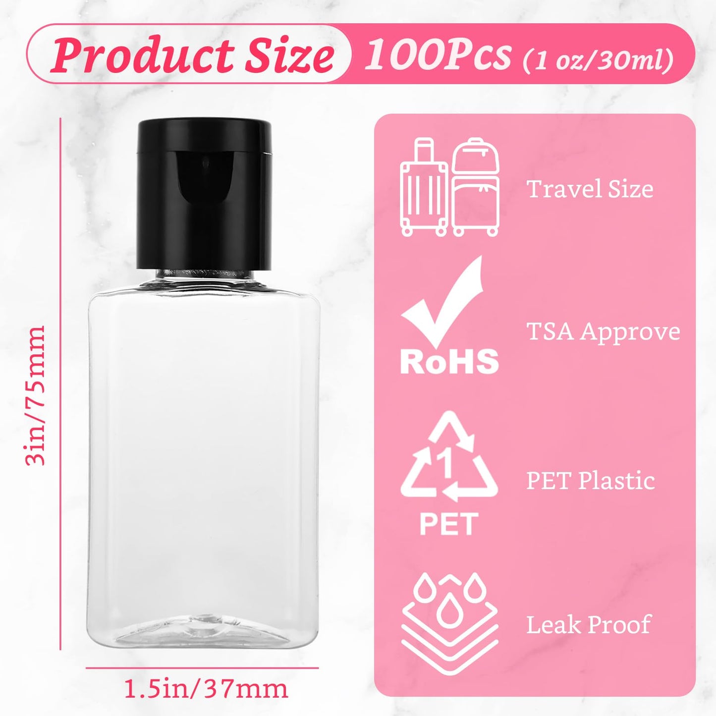 QTLCOHD 100 Pack 1 oz Travel Bottles, Mini Empty Hand Sanitizer Bottles with Flip Caps, Bulk Portable Refillable Containers for Shampoo, Shower Gel, Face Creams, Body Lotions