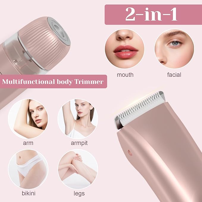 Bikini Trimmer for Women - 2025 New 2-in-1 Dual-Head Electric Shaver，Rechargeable Professional Painless Electric Razors, IPX7 Waterproof Body Hair Trimmer & Facial Hair Remover for Wet & Dry
