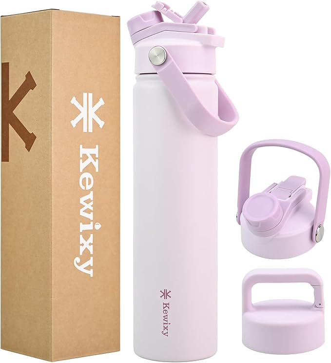 24 oz Insulated Water Bottle, 2-in-1 Lid, Straw & Spout with Protected, Leak Proof, Keep Cold, Stainless Steel, Metal, Reusable, Handle, for Travel, Gym and School, 2 Lids, Pale Mauve