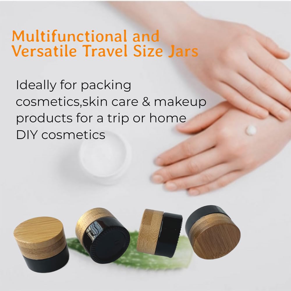 BEECO GIF2U Empty Refillable Glass Cosmetic Jar 4 Pack 5g/0.17oz with Bamboo Lids,Skin Care Travel Containers Pot Vial Holder Sample Storage for Eye Cream Lotion Ointments Lip Balm Brown