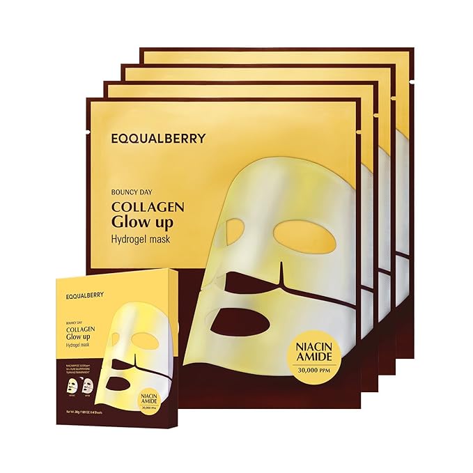 Collagen Glow Up Mask - Niacinamide & Low Molecular Collagen for Brightening and Radiance Boosting | Korean Collagen Face Mask for Glass Skin, 4 Sheets, 1.01 OZ.