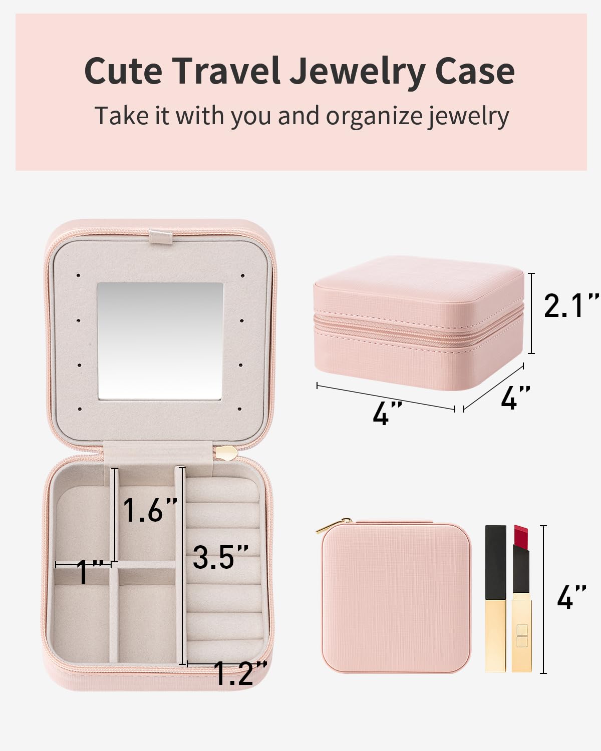 Vlando Mothers Day Gifts - Small Travel Jewelry Box Organizer -Jewelry Display Case for Girls Women Bridesmaid Gift Rings Earrings Necklaces Storage with Mirror Pink