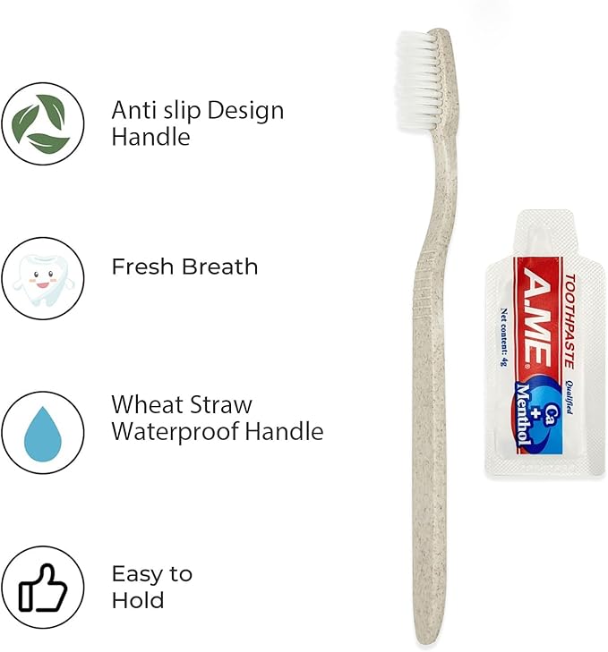 50 Pack Travel Size Toothbrushes with Toothpaste in Bulk, Disposable Individually Wrapped Wheat Straw Portable Toothbrushes Kit for Homeless, Nursing Home, Charity, Shelter, Airbnb and Hotel