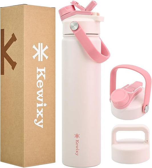 24 oz Insulated Water Bottle, 2-in-1 Lid, Straw & Spout with Protected, Leak Proof, Keep Cold, Stainless Steel, Metal, Reusable, Handle, for Travel, Gym and School, 2 Lids, Pale Pink