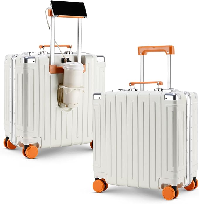 18 Inch Carry On Luggage Suitcase Locks TSA Approved Hardside Lightweight Suitcase with Cup Holder TSA Lock Carry On Luggage with USB Port Phone Holder Suitcases with 360° 8 Double Spinner Wheels
