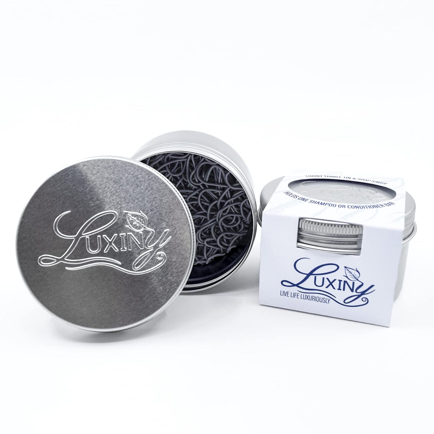 Luxiny Shampoo Bar Holder Tins & Travel Soap Case, with Soap Saver Pad Lift, Helps Bars Last Longer (2 Portable Rust Resistant Containers, 2 Grey Lifts)