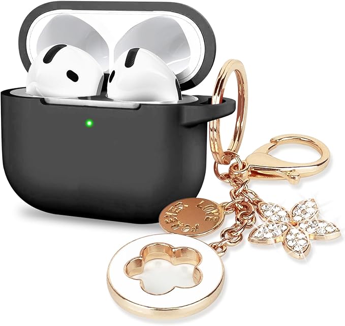 Case Cover for Apple Airpods 4 - VOTILE Airpods 4 Cases 2024 Cover Women Silicone iPods 4 Earbuds Wireless Accessorie Charging Cases Girl Bling Keychain for Airpod iPods 4th Generation - Black