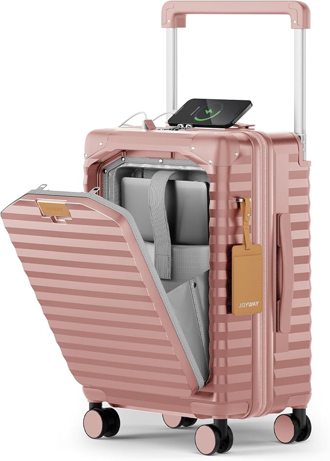 Joyway 20 Inch Carry on Luggage with Front Pocket, PC Hardshell Carry-on Suitcase with USB Port and Cup Holder, 21.5x14.2x9 Airline Approved, Luggage with Spinner Wheels and TSA Lock (Rosa Gold)