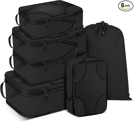 6 Set Compression Packing Cubes Bags for Travel Women, Compression Bags Organizer for Packing Luggage Space Saving, Suitcase Organizer Bags Set for Travel Essentials - Black