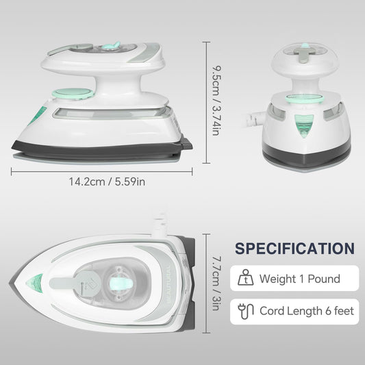 BEAUTURAL Mini Travel Steam Iron for Clothes with Dual Voltage, Temperature Control, Non-Stick Soleplate and Cord Storage, Ideal for Sewing, Quilting and Handcraft