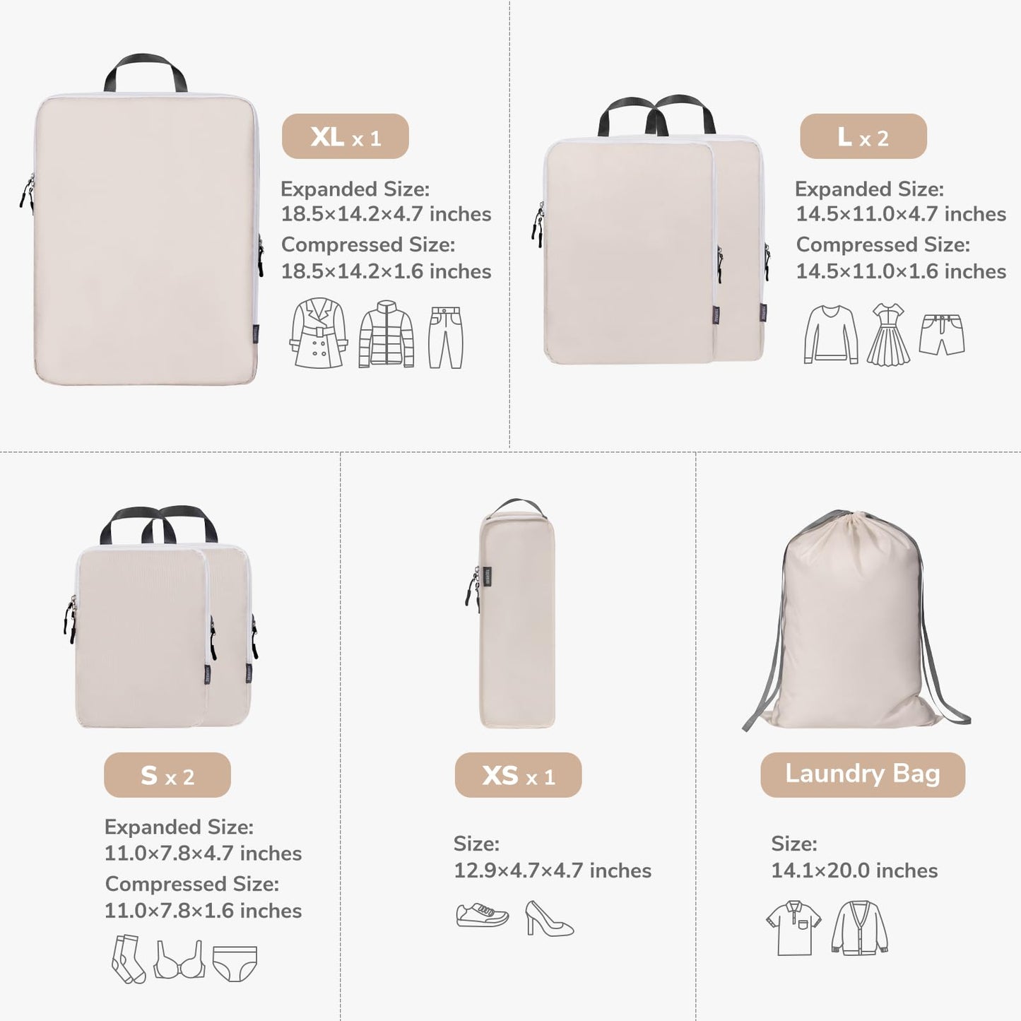 CherryNow Compression Packing Cubes, 7 Set Packing Cubes for Travel Women, Travel Essentials for Backpack, Beige