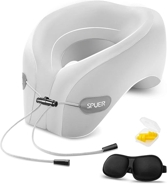 Travel Pillow – Neck Pillow Airplane, Travel Pillows for Airplanes, Airplane Travel Accessories with Eye Mask, Earplugs, Ergonomic Memory Foam Neck Pillow for Sleeping, Flights, Cars, Office (Gray)