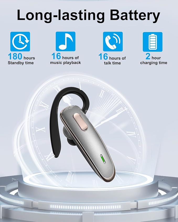Bluetooth Earpiece, V5.1 Ultralight Wireless Handsfree Headset for Cell Phone with Noise Cancellation Microphone for iOS Android Samsung Laptop Trucker Driver - Grey